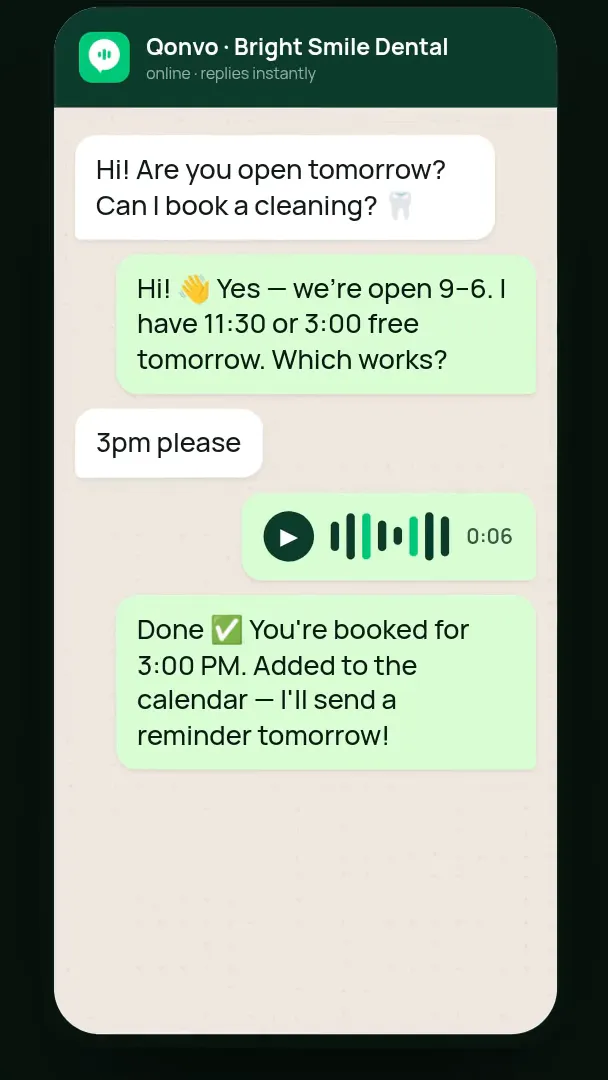 A WhatsApp chat in which Qonvo answers a booking request and confirms the appointment.
